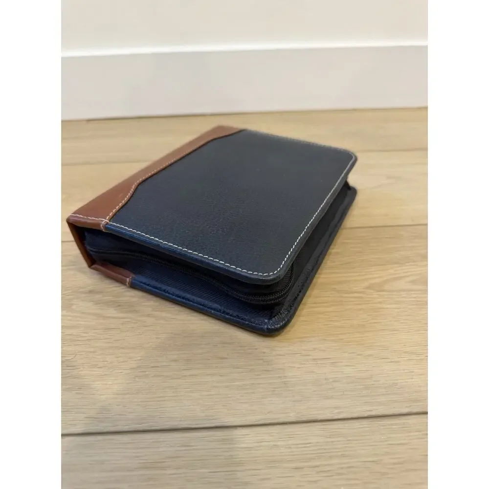 Vintage Franklin Quest Leather Planner Binder Organizer Pebbled Navy Blue w/Tan